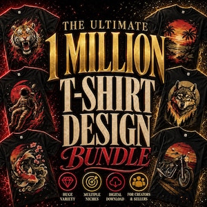 Peut inclure: Une collection numérique intitulée The Ultimate 1 Million T-Shirt Design Bundle, présentant six t-shirts noirs avec des imprimés graphiques de tigre, plage au coucher du soleil, astronaute, loup, poisson koï et moto, avec des icônes de téléchargement.