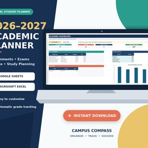 Peut inclure: Un planificateur étudiant numérique pour 2026-2027 affiché sur un écran d'ordinateur. L'interface comprend un tableau de bord académique avec des sections pour les devoirs, examens, notes et planification d'études, compatible avec Google Sheets et Excel.