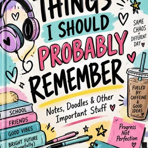 May include: A book cover titled Things I Should Probably Remember: Notes, Doodles & Other Important Stuff. The design features illustrations of headphones, a coffee cup, stacked books, pens, and sticky notes with text like Progress Not Perfection.