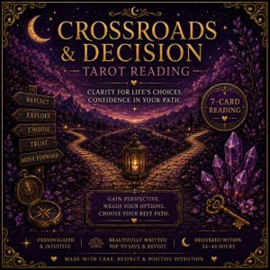 May include: A digital graphic for a Crossroads & Decision Tarot Reading featuring a path diverging into two, a central lantern, a compass, purple crystals, and a gold key. Text includes Clarity for life's choices, Confidence in your path, and 7-card reading.