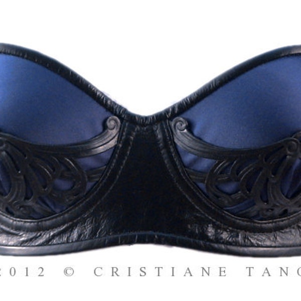 Leather Bra with Silk Navy Cups and Tooled Leather Detail