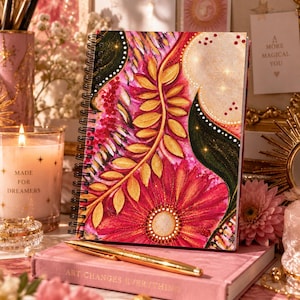 Artist Designed Pink Floral Spiral Notebook, Botanical Gold Celestial Journal (6x8)