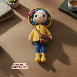 May include: A handmade crochet doll with blue hair, a red hair bow, and a yellow hooded raincoat. The doll wears blue pants, yellow boots, and a brown crossbody bag. The text CROCHET PATTERN PDF is visible in the lower left corner of the image.