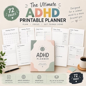 adhd printable planners, executive function daily planner for adults, neurodivergent productivity tools, brain dump, undated system, pdf