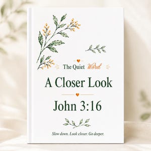 Può includere: Una copertina di libro bianca con illustrazioni botaniche verdi e bacche gialle. Il testo recita: The Quiet Word, A Closer Look, John 3:16, e in basso: Slow down. Look closer. Go deeper. Piccoli cuori arancioni separano le righe di testo.
