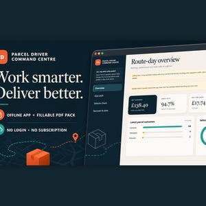 Könnte beinhalten: Eine digitale Benutzeroberfläche für das Parcel Driver Command Centre mit einer Routen-Tagesübersicht, die Kennzahlen wie 138,40 £ Nettoverdienst, eine Zustellquote von 94,7 % und einen Fahrzeugcheck-Wert von 92 % anzeigt. Dunkler Hintergrund mit Symbolen.