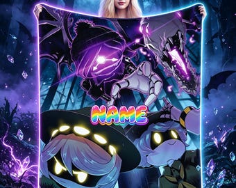 Personalized Neon Robot Blanket, Custom Name Flannel Throw, Purple Sci Fi Gamer Blanket, Cyber Character Gift for Teens