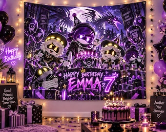 Arazzo di compleanno personalizzato con robot gotici, sfondo per feste personalizzato con nome ed età, striscione di compleanno cyber viola, decorazione murale per bambini e ragazzi