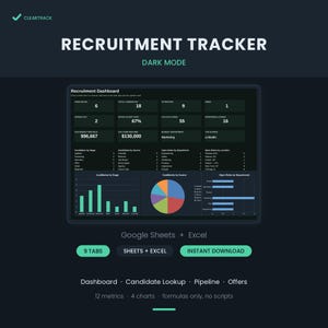 May include: A dark mode recruitment tracker dashboard for Google Sheets and Excel. The interface displays recruitment metrics, including open roles, candidate counts, and budget data, alongside bar and pie charts. Text includes RECRUITMENT TRACKER.