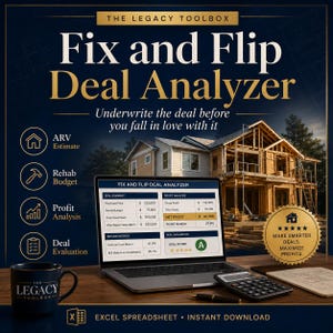 May include: A digital Fix and Flip Deal Analyzer spreadsheet displayed on a laptop screen, featuring financial data, a calculator, a pen, and a mug labeled The Legacy Toolbox. The background shows a house under construction with text overlays.
