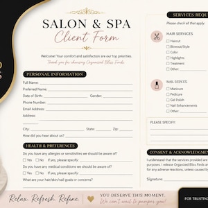 May include: A Salon & Spa Client Form by Organized Bliss Finds featuring sections for personal information, health preferences, and service requests including hair, nail, and spa treatments. The document has a black and cream color scheme with floral accents.