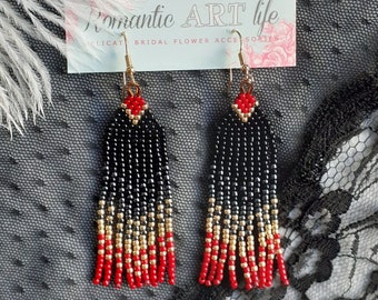 Black, gold and red ombre fringe beaded earrings, dangle statement earrings, boho bohemian hippie jewelry, handmade jewelry