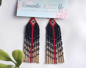 Ombre fringe beaded earrings in black, red and gold, dangle fringe earrings, boho bohemian hippie earrings, handmade jewelry.