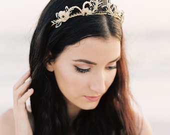 Bridal Crown. Bridal Tiara.  Gold & Black Bridal Hair Accessory {Freya}