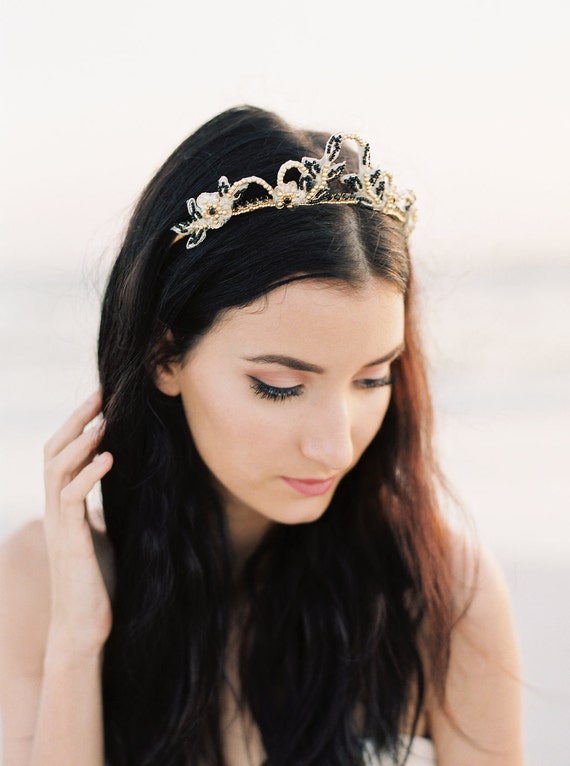 Bridal Crown Bridal Tiara Gold Black Bridal Hair Etsy