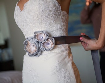 Bridal Gown Dress Sash. Bridal Accessory. Silver Gray Fabric Flower Bridal Sash Belt. Silver Champagne Flower Wedding Dress Sash Belt.