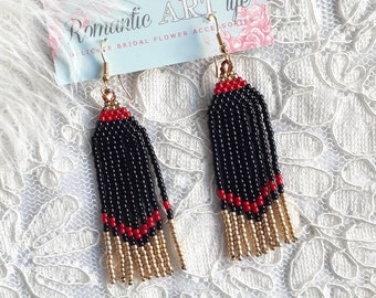 Handmade earrings in black, gold and red. Seed bead earrings. Fringe earrings in black and red. Special occasion earrings. Gift for her.