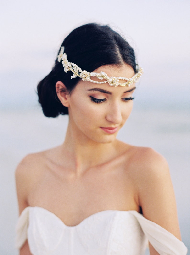 Gold Bridal Headband. Bridal Headpiece. Bridal Crown Margarita image 1