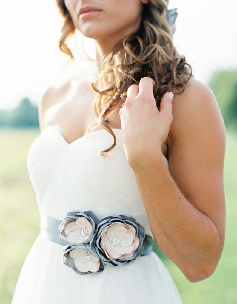 Gray Bridal Gown Flower Sash. Wedding Flower Dress Sash. image 2