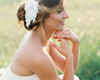 Beaded Bridal Floral Headpiece. Wedding Lace Flower Hair Piece.