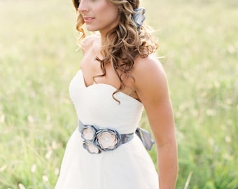 Gray Bridal Gown Flower Sash. Wedding Flower Dress Sash.