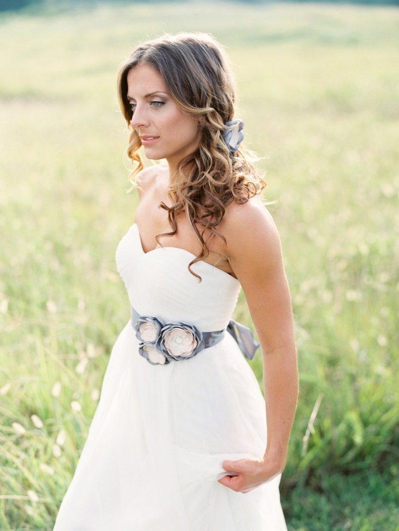 Gray Bridal Gown Flower Sash. Wedding Flower Dress Sash. image 1