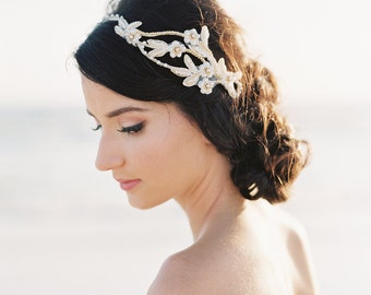 Bridal Hair Piece. Bridal Hair Vine. Gold Beaded Flower Crown {Olesya}