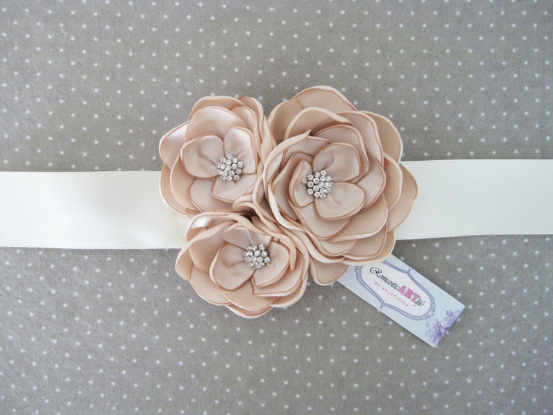 Bridal Gown Dress Sash. Bridal Champagne Flower Sash. Bridal Flower Accessory. image 5