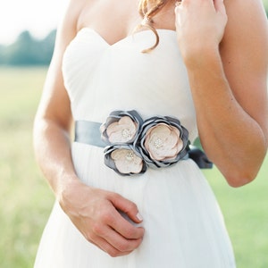 Gray Bridal Gown Flower Sash. Wedding Flower Dress Sash. image 3