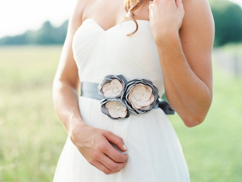 Gray Bridal Gown Flower Sash. Wedding Flower Dress Sash. image 3