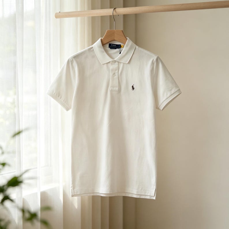 May include: A short-sleeved polo shirt in an off-white color featuring a classic collar, a two-button placket, and a small dark embroidered logo of a person on a horse on the left chest. The shirt is displayed on a wooden hanger.
