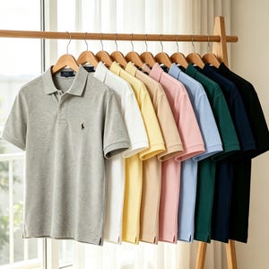 May include: A collection of short-sleeved polo shirts hanging on a wooden rack, displayed in a spectrum of colors including gray, white, yellow, beige, pink, light blue, dark green, navy blue, and black, each featuring a small embroidered logo.