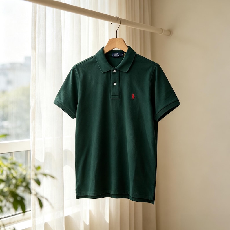 May include: A dark green short-sleeved polo shirt featuring a classic collar, a two-button placket with white buttons, and a small red embroidered logo on the left chest. The garment is displayed on a wooden hanger against a light background.