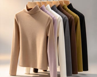 Mock Neck Thermal Top, Brushed Fleece Lined Shirt, Warm Long Sleeve Base Layer, Solid Color Winter Top