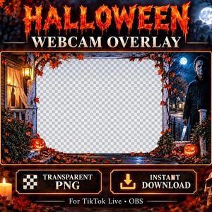 May include: A Halloween-themed webcam overlay featuring a central transparent frame surrounded by autumn leaves, pumpkins, a skull, and a figure holding a knife. Text includes HALLOWEEN WEBCAM OVERLAY, TRICK OR STREAM, and GOOD STREAMS ARE SCARY good.