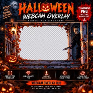 May include: A Halloween-themed digital webcam overlay featuring a porch scene with a carved jack-o'-lantern, autumn leaves, and a masked figure holding a knife. The design includes the text HALLOWEEN WEBCAM OVERLAY and SPOOKY VIBES BIGGER STREAMS.