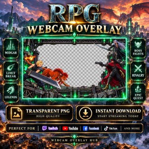 May include: A digital RPG webcam overlay featuring a central transparent frame surrounded by Final Fantasy characters, including a blonde warrior with a large sword and a red-maned creature. The design includes green glowing accents and text labels.