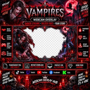 May include: A digital webcam overlay featuring a gothic vampire theme with red and black color schemes. The design includes a central transparent frame, illustrations of a vampire, a dark castle, ravens, skulls, and text labels for streaming platforms.