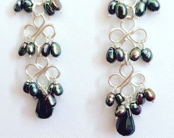 Abha Clover Drop Earrings, Black Pearls, handmade, delicate, clover, sensitive skin, lightweight, birthday gifts