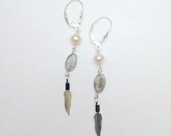 Abha Grey Labradorite and Freshwater Pearls Earrings, with Silver Feather