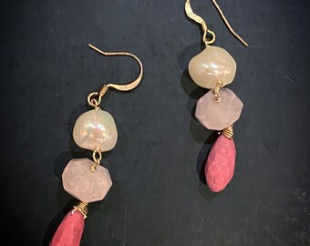 Pink Drop Earrings - rose quartz - triple drop handmade gifts