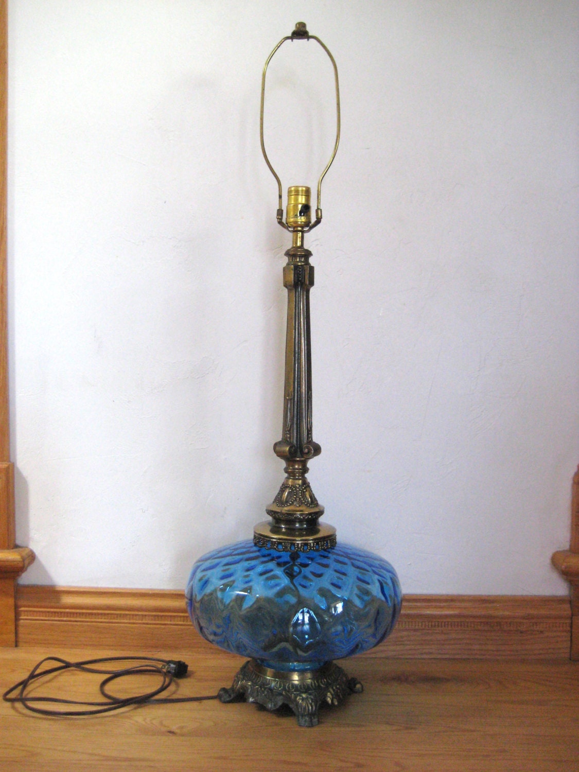 Vintage blue glass table lamp large glass lamp hollywood Etsy