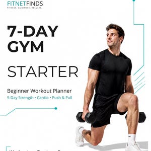 May include: A digital fitness planner titled 7-DAY GYM STARTER Beginner Workout Planner. The document features the FITNETFINDS logo, text detailing 5-Day Strength, Cardio, Push & Pull, and Workout, Track, Progress. A person performs a lunge with dumbbells.