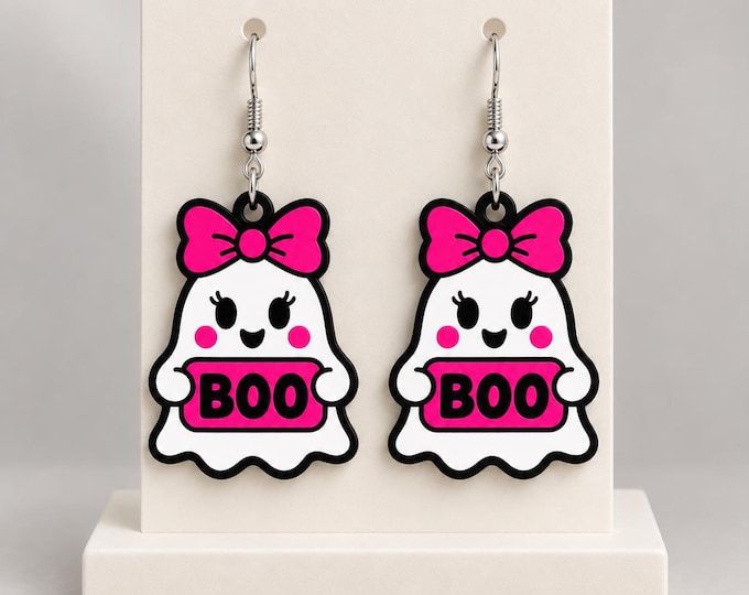 3D Printable Ghost Earrings | Halloween Charm, Pink Bow (Digital Download)