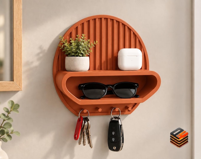 Wall Key Holder with Shelf & Sunglasses Storage | 4 Peg Entryway Organiser | Adhesive Mount