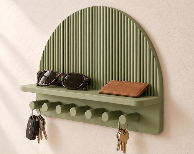 Arched Wall Key Holder with Shelf – Modern 7-Peg Entryway Organiser