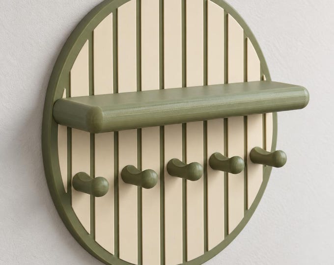 Round Wall Key Holder with Shelf, 5 Pegs, Entryway Organiser