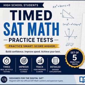 Peut inclure: Un téléchargement numérique pour lycéens proposant des tests d'entraînement de mathématiques SAT chronométrés. Le graphique inclut des formules mathématiques, un lot de 5 tests, 35 minutes, 22 questions et le logo SATScore sur fond bleu et blanc.