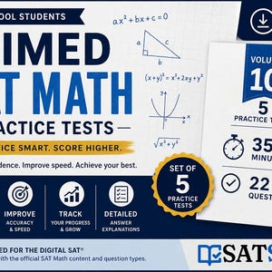 Pode incluir: Um download digital para estudantes do ensino médio com testes práticos de matemática SAT cronometrados, volume 10. O gráfico inclui fórmulas matemáticas, ícones para 5 testes, 35 minutos e 22 questões, com o texto Practice Smart. Score Higher.