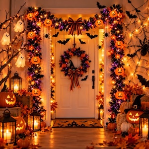 May include: A Halloween doorway decoration featuring a garland with orange pumpkin lights, purple and black tinsel, and hanging bat and spider cutouts. A central wreath with a striped bow hangs on the door, flanked by lanterns and ghost lights.